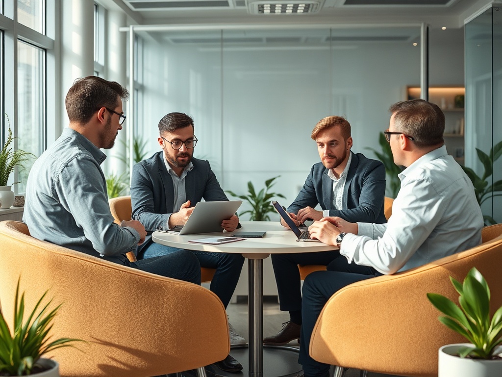 Four business professionals are seated at a round table in a modern office, discussing with devices in hand.