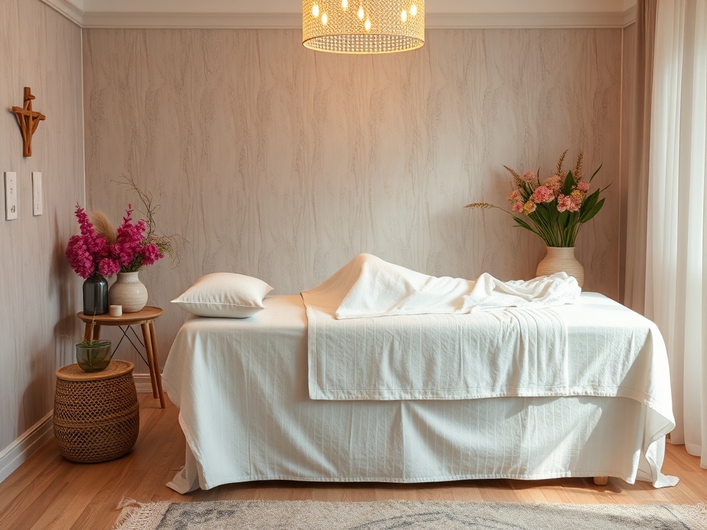 A serene massage room featuring a draped table, flowers, and warm lighting for a relaxing atmosphere.