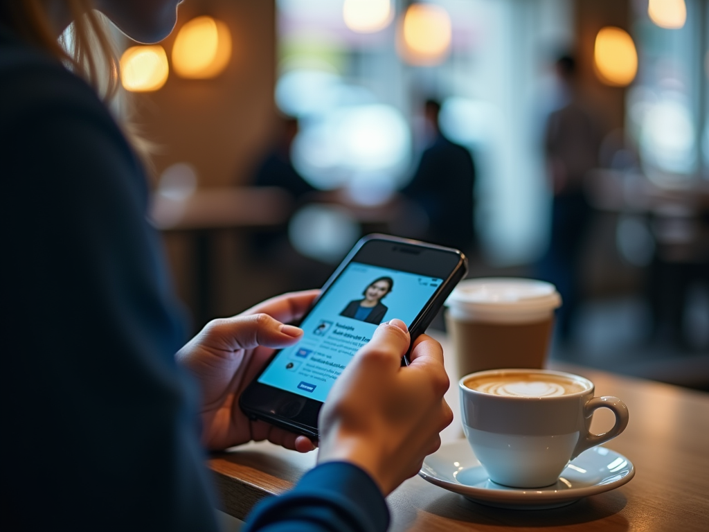 A person holds a smartphone displaying a profile, with a coffee cup on the table in a cozy café setting.