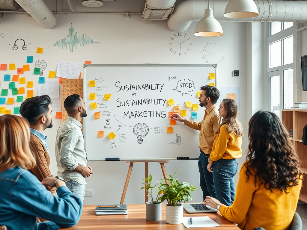 A group of people discusses sustainability marketing in a modern office, using a whiteboard filled with notes.