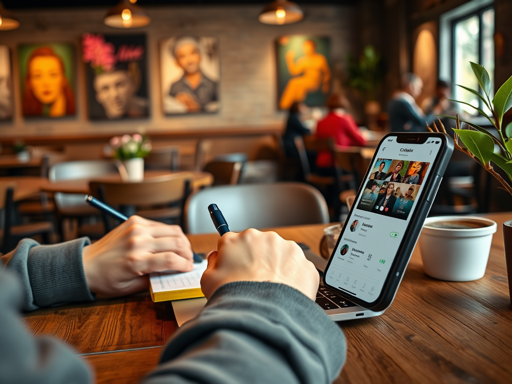 A person writes in a notebook while using a phone in a cafe, with art on the walls and other customers in the background.
