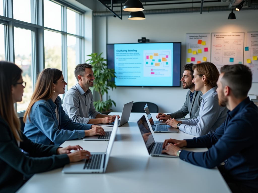 Group of professionals engaging in a meeting with laptops in a bright office space.