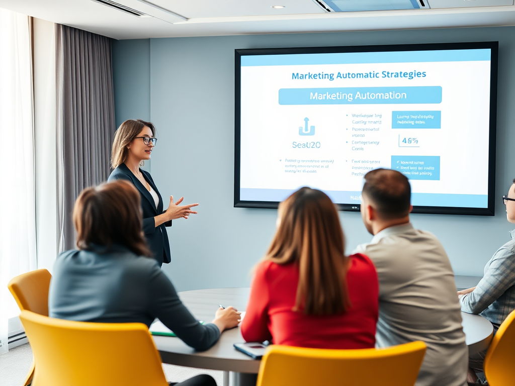 A woman presents Marketing Automation strategies to a group in a conference room, displaying slides on a screen.