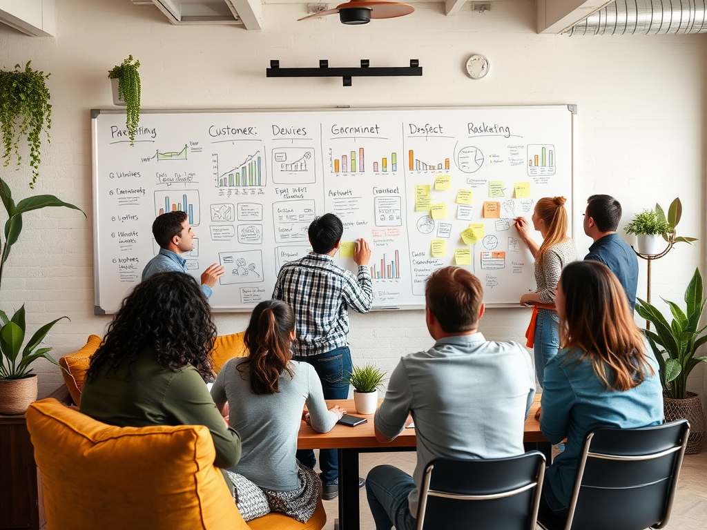 A team collaborates at a conference table, engaging with charts and notes on a large whiteboard in a bright room.