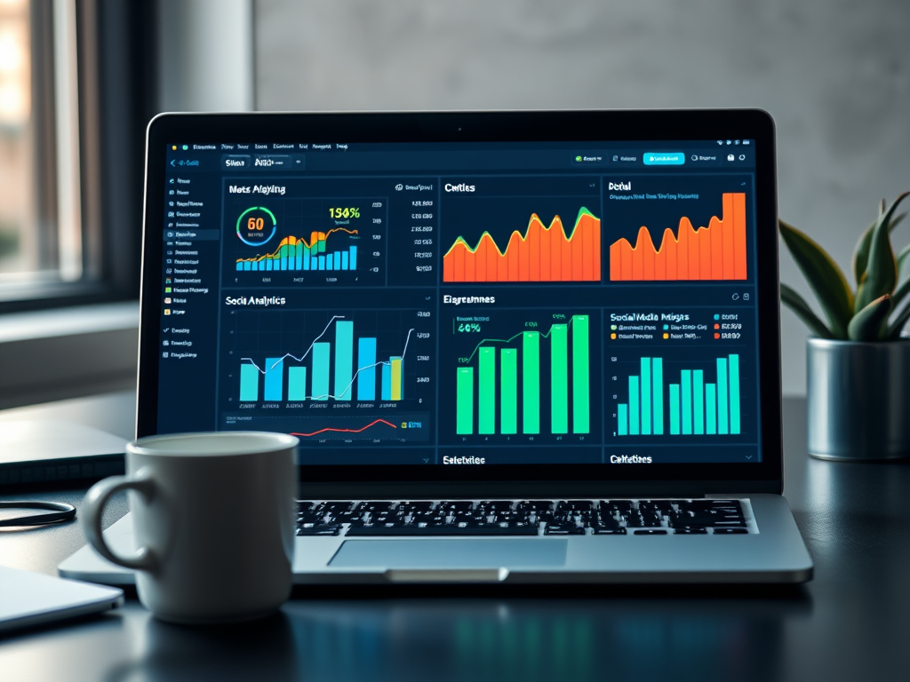 A laptop displays various analytics dashboards with colorful graphs and charts, alongside a coffee cup on a desk.