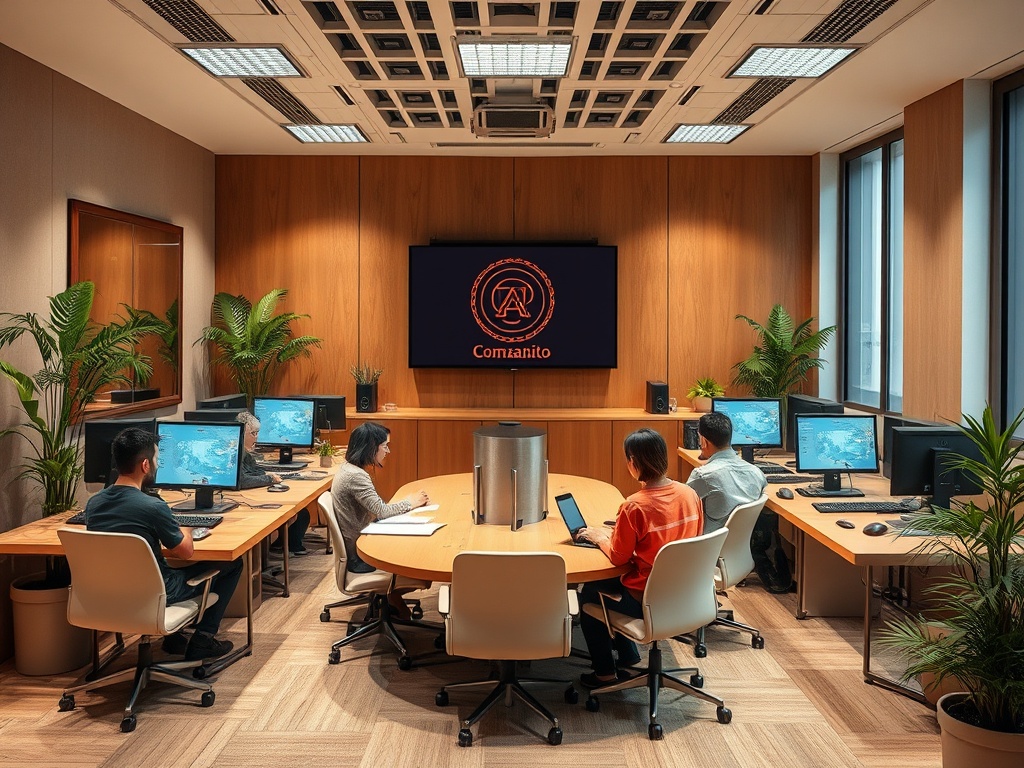 A modern office meeting room with five people working at computers and a screen displaying the logo "Comanito."