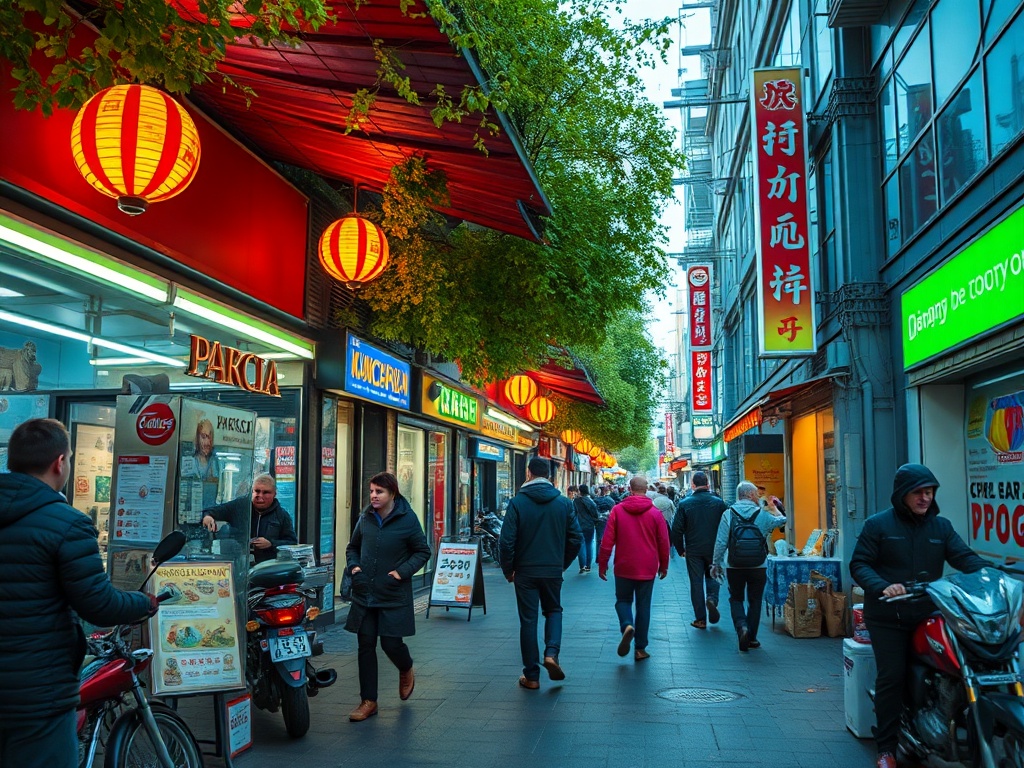 A busy street lined with shops, colorful lanterns above, and people walking, creating a vibrant urban atmosphere.