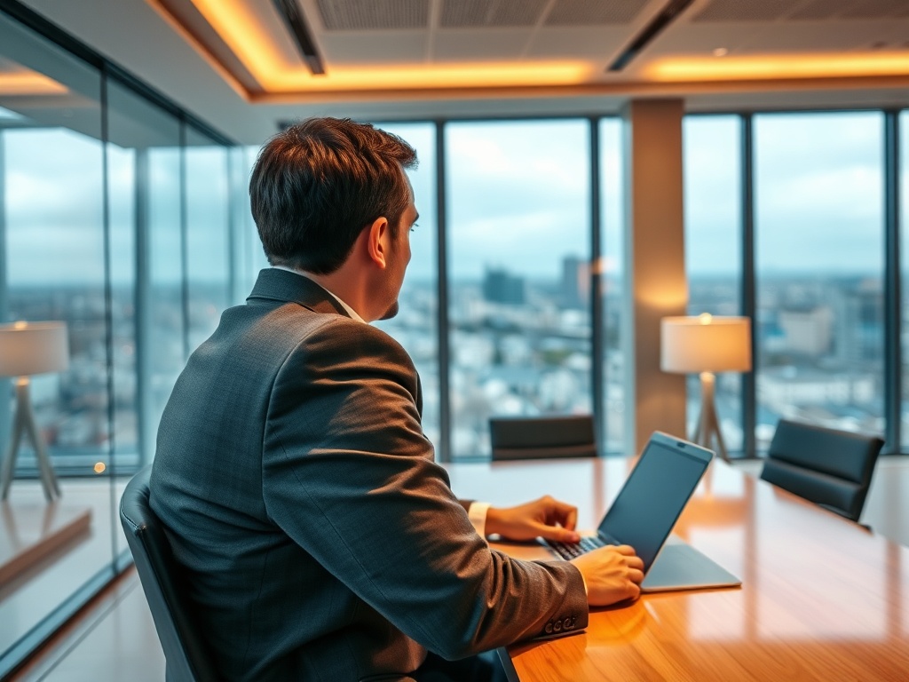 A man in a suit sits at a boardroom table, looking out large windows at a city skyline, working on a laptop.