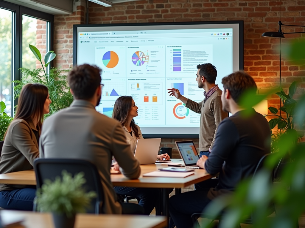 Business meeting in progress with a man pointing at digital charts on a screen in a modern office.