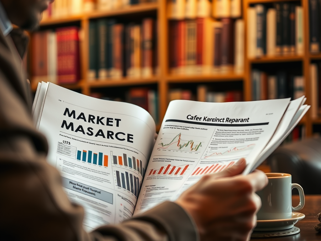 A person reading a financial report titled "Market Masacre" in a cozy library setting, with a coffee cup nearby.