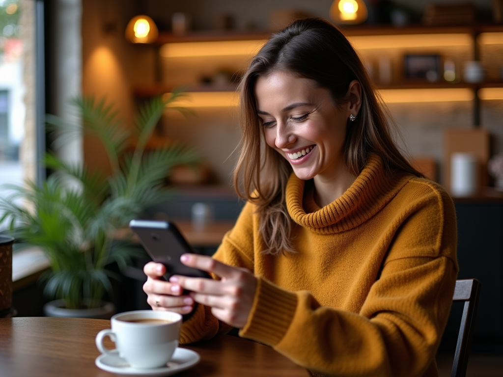 Woman in yellow sweater using smartphone, smiling, in a cozy cafe with a coffee cup.