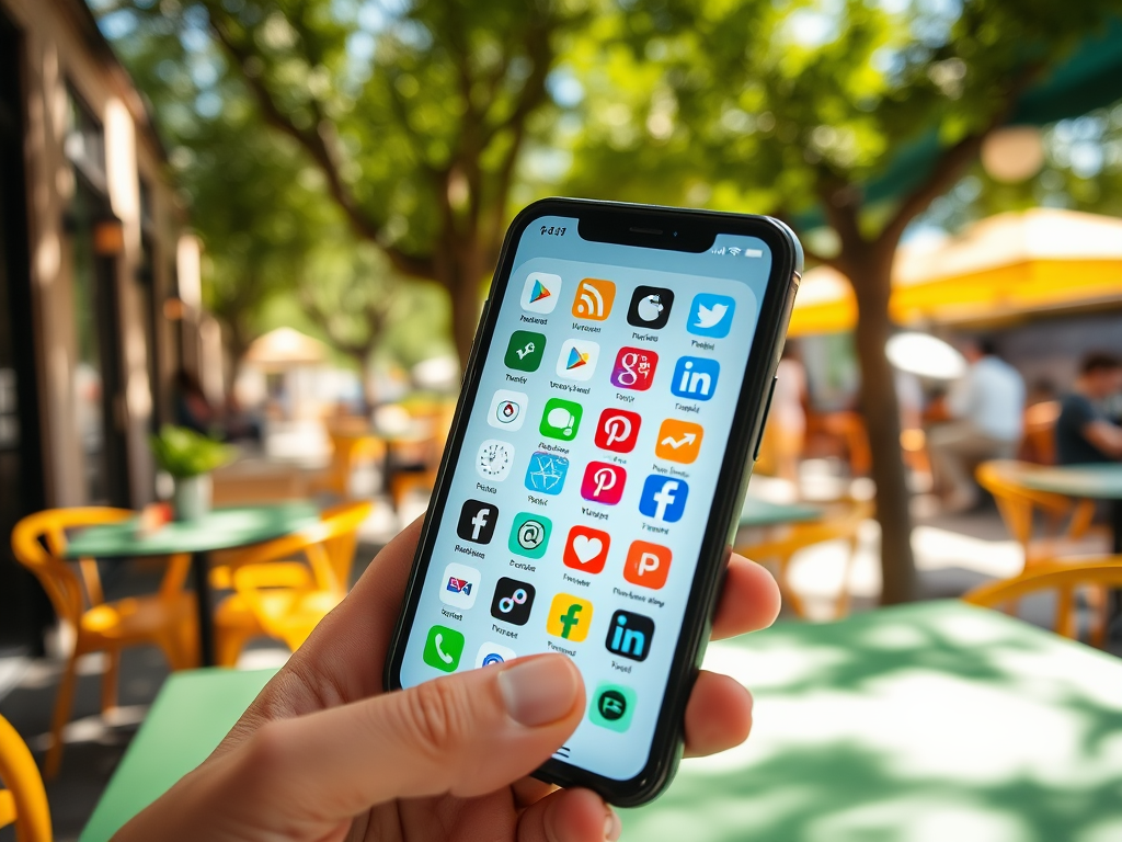 A hand holding a smartphone displaying various social media and app icons, set in an outdoor café.