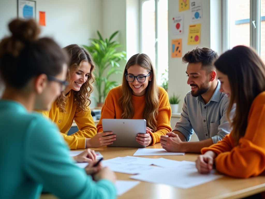 Group of five young adults smiling while collaborating over a tablet in a brightly lit office space.