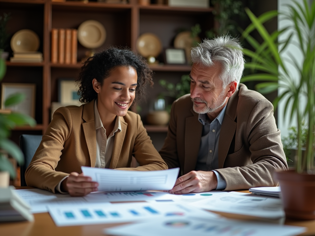 Two professionals, a young woman and an older man, review documents together in a cozy office setting.