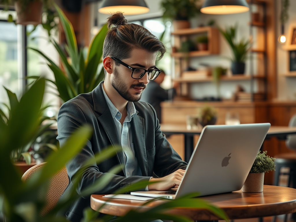 A young man in a suit works on a laptop in a cafe surrounded by plants.