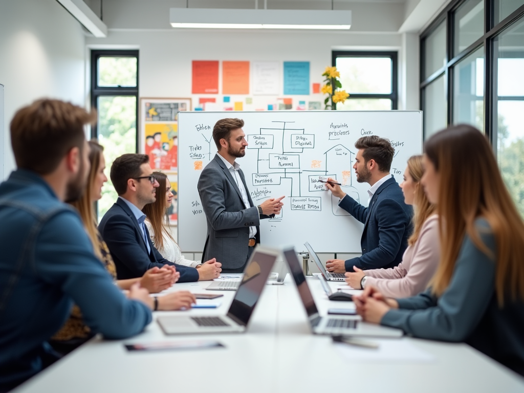 Business meeting in progress with a diverse group discussing strategy by a whiteboard.