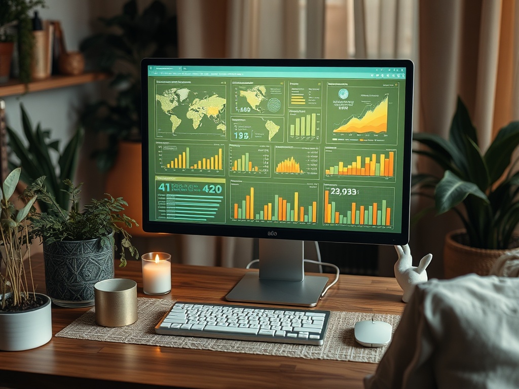 A modern workspace featuring a computer monitor displaying various data visualizations, surrounded by plants.