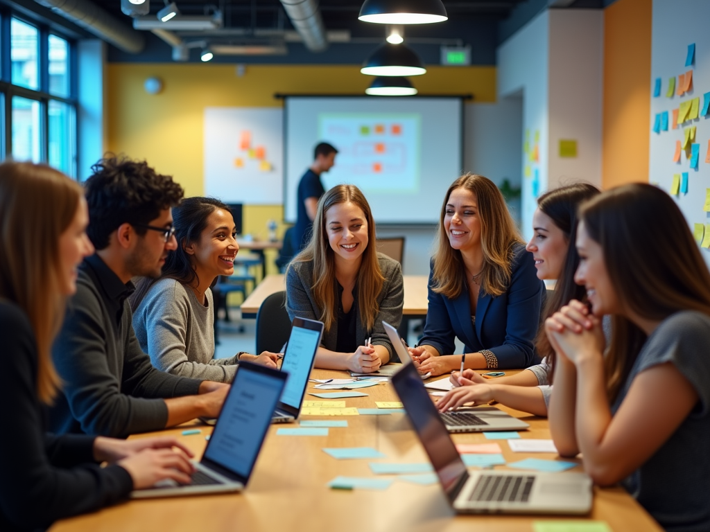 A group of diverse professionals engages in a collaborative meeting with laptops and sticky notes in a bright office space.