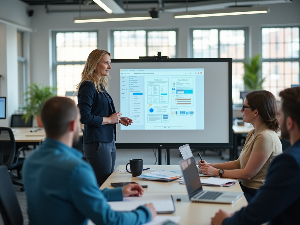 A woman presents to a group in a modern office, with a projector displaying data on a screen.