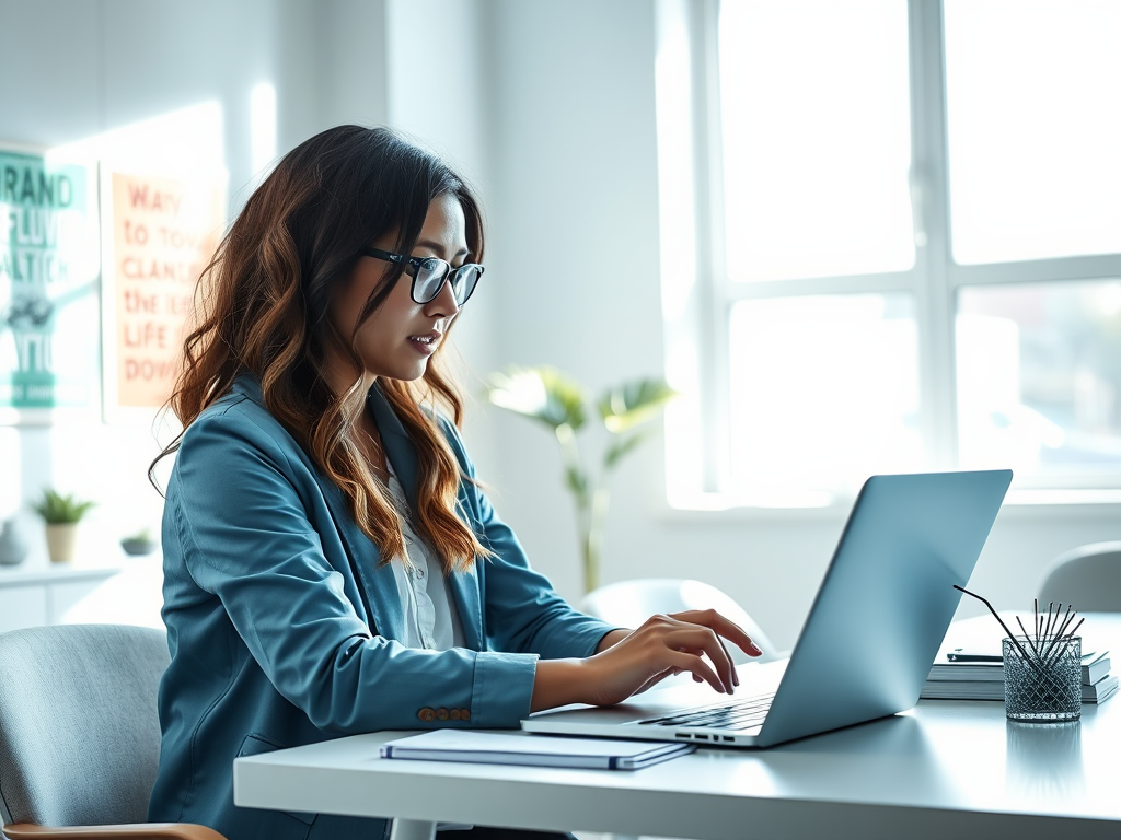 A woman in a blue blazer types on a laptop at a bright desk with plants and office supplies around.