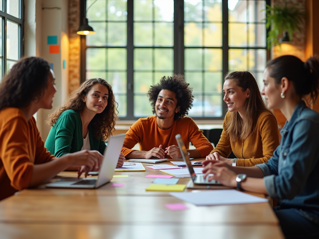 Group of young professionals engaged in a discussion at a large table in a bright, modern office.