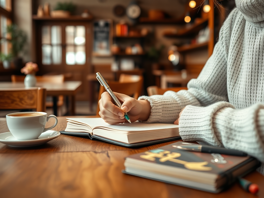 A person writes in a notebook while sipping coffee in a cozy café, surrounded by warm wooden decor.