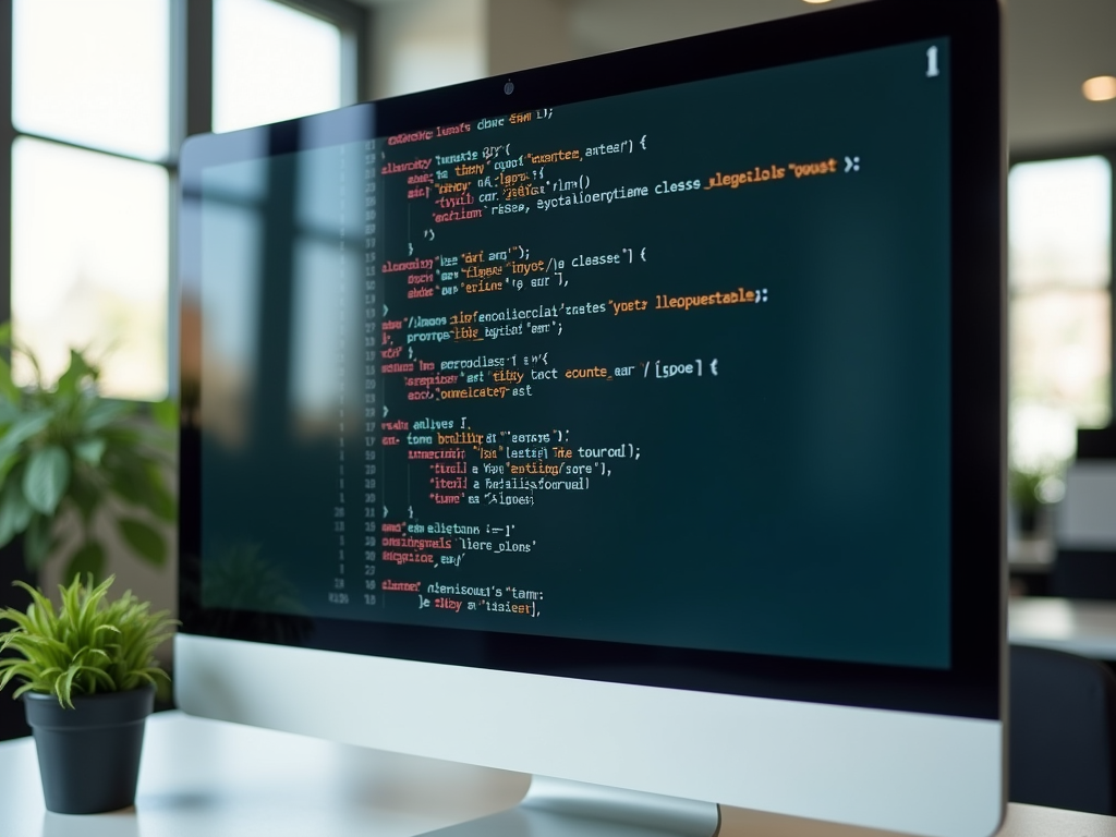 A computer monitor displays lines of code in a programming environment, with a small plant in the foreground.