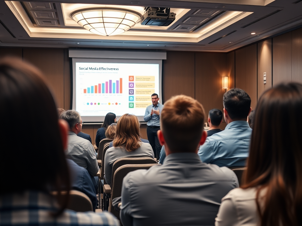 A speaker presents on social media effectiveness to an audience in a conference room, with charts displayed behind.