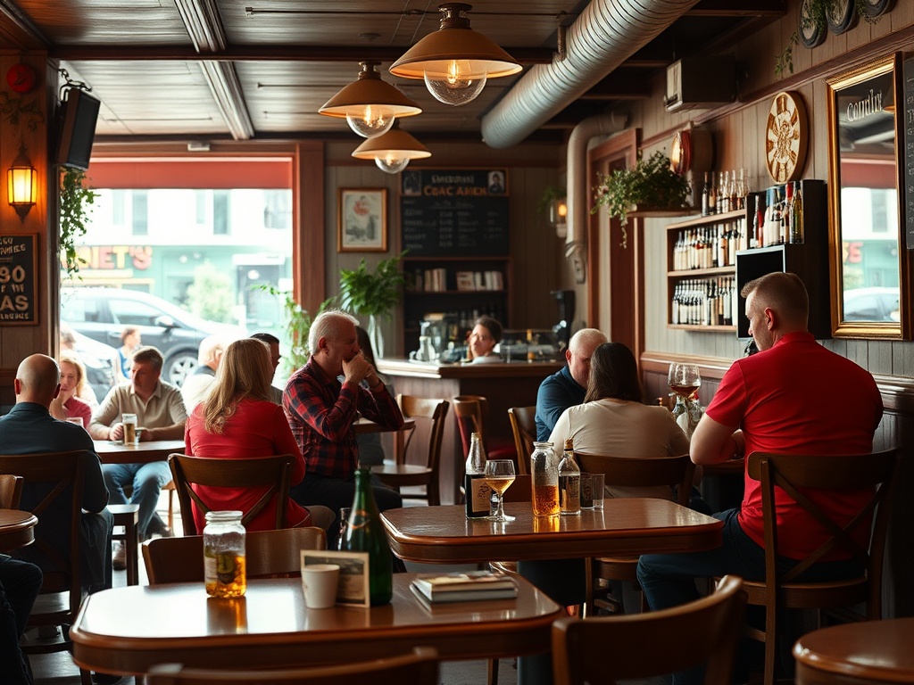 A cozy restaurant scene with groups of people chatting and enjoying drinks at wooden tables in warm lighting.