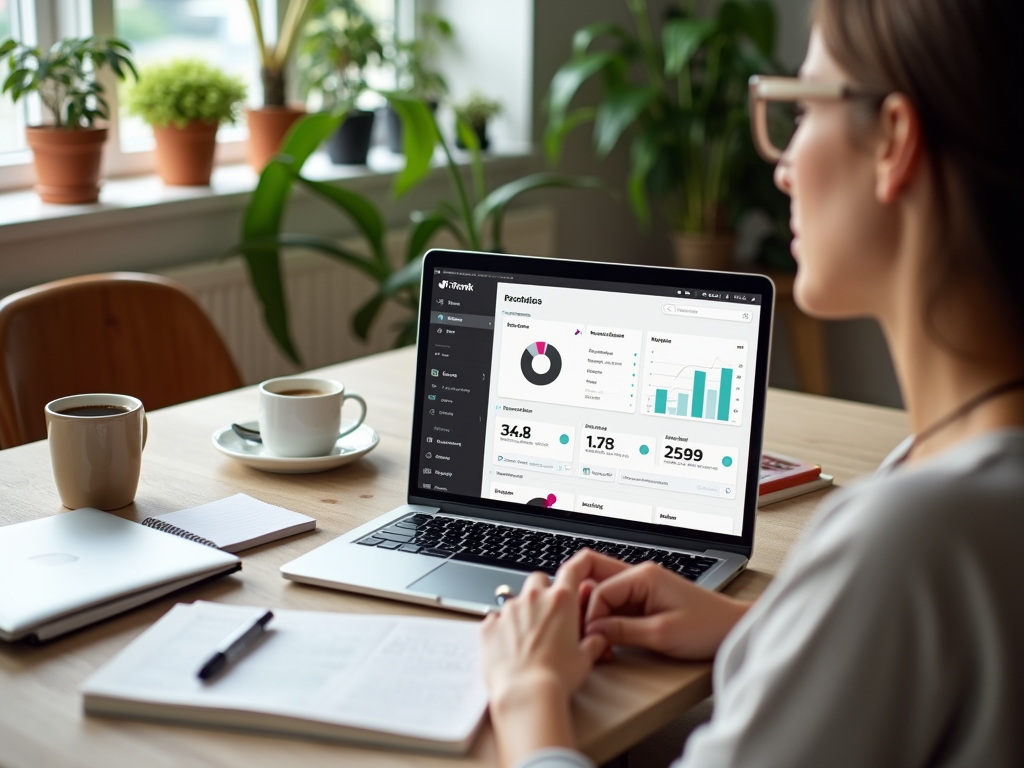 Woman reviews analytics on laptop in a plant-filled office, with coffee nearby.