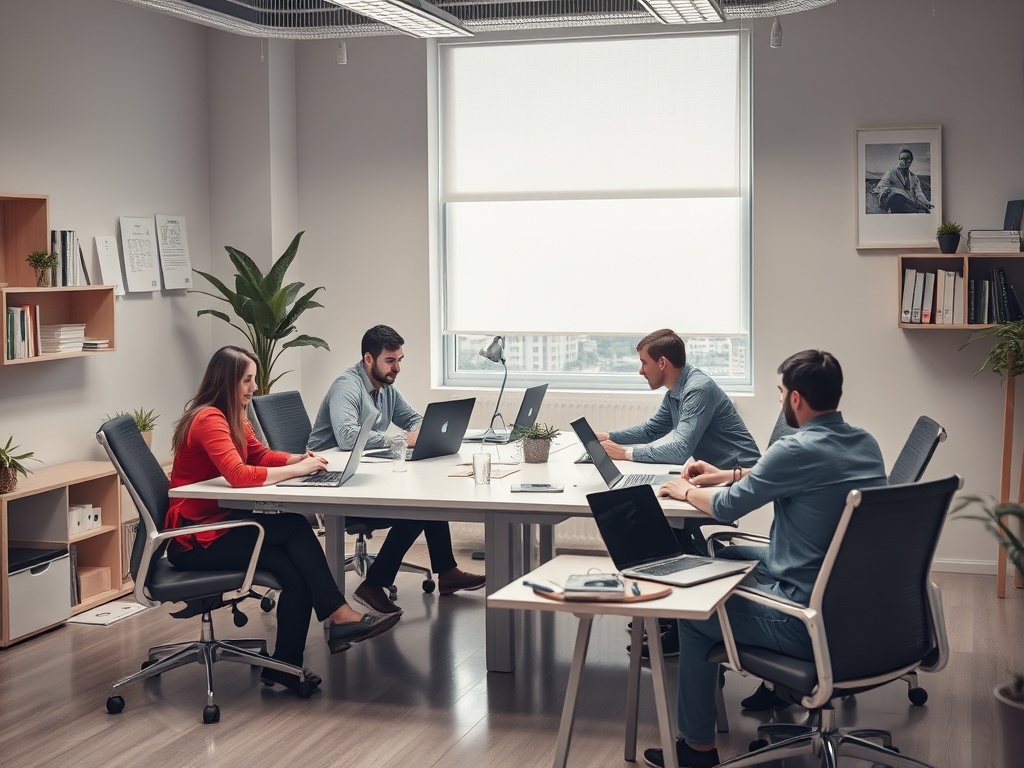 A modern office meeting with four professionals working on laptops around a large table, with plants and bright windows.