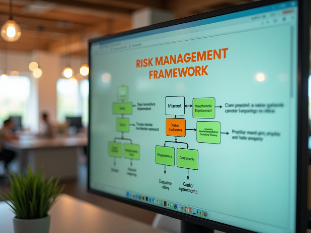 A computer screen displays a flowchart titled "Risk Management Framework" with various connected processes.