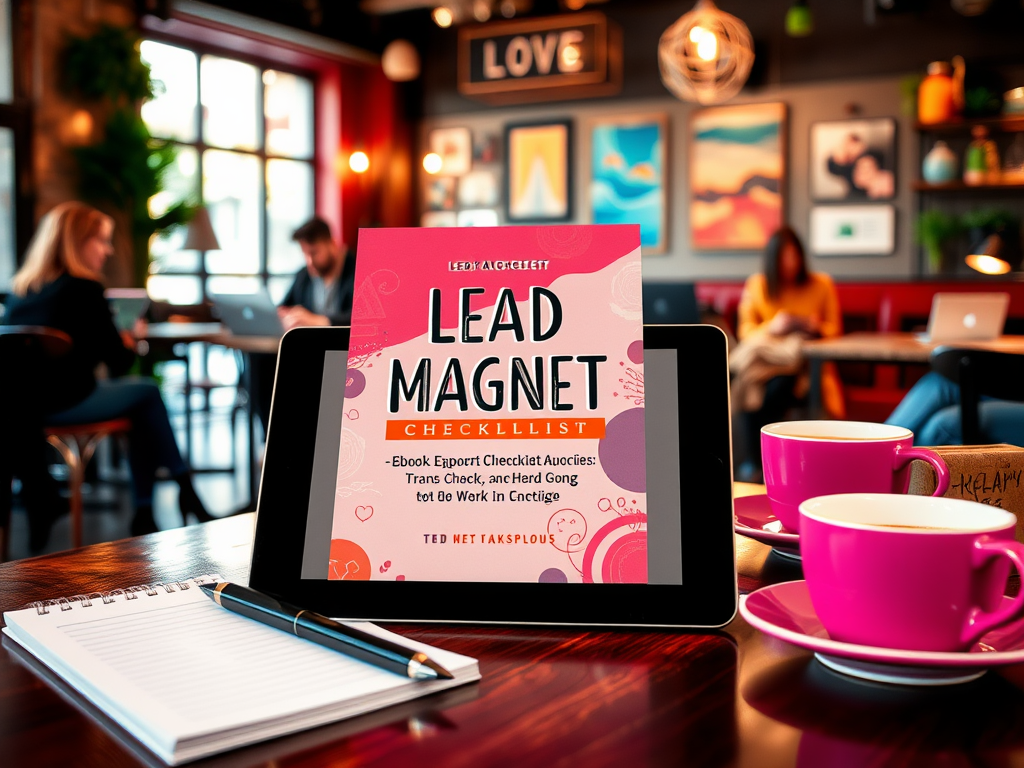 An eBook titled "Lead Magnet Checklist" displayed on a tablet with coffee cups and a notebook in a lively café setting.
