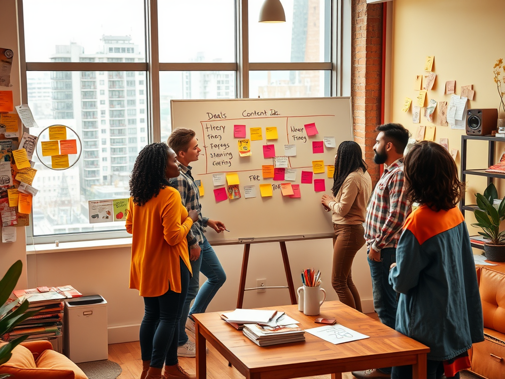 A group of diverse individuals collaborates around a whiteboard covered in colorful sticky notes in an office setting.