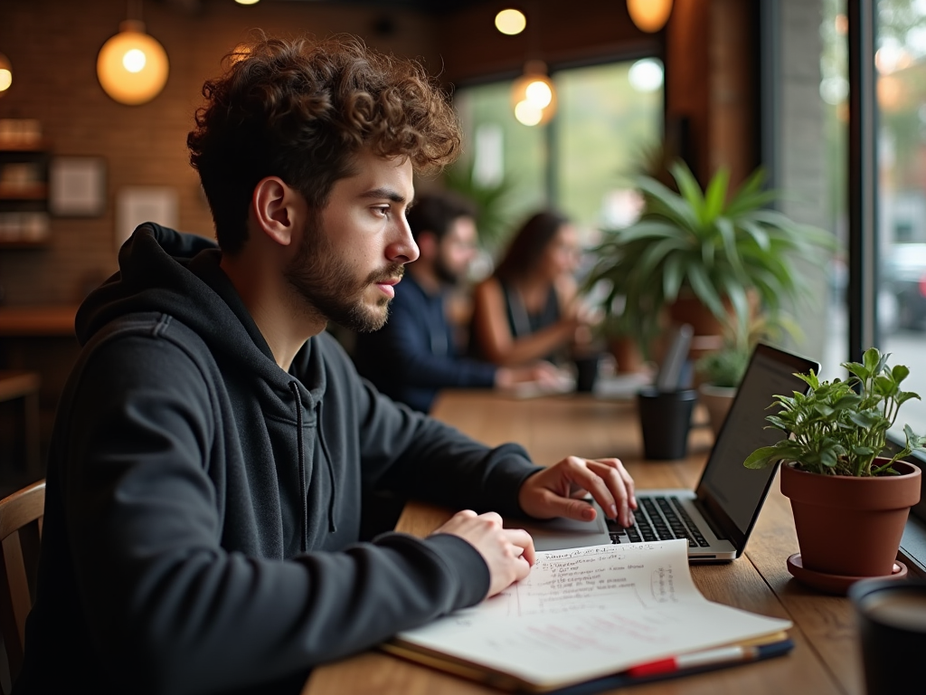 Young man studying with laptop and notebook at a busy café table.