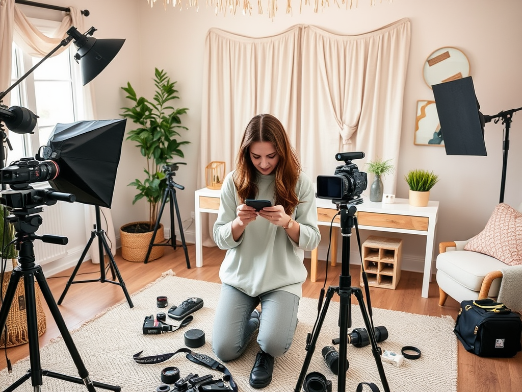 A woman kneels on a rug, checking her phone surrounded by camera equipment in a well-lit, cozy studio.