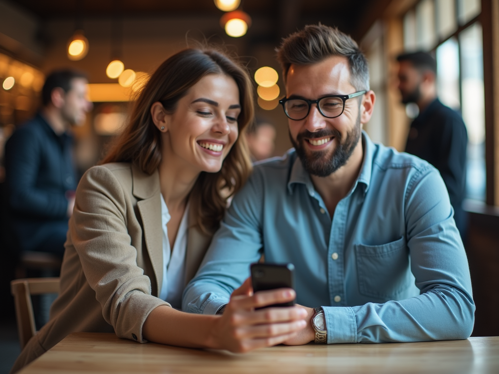 A man and a woman sit together in a café, smiling at a phone, enjoying their time. Warm ambiance in the background.