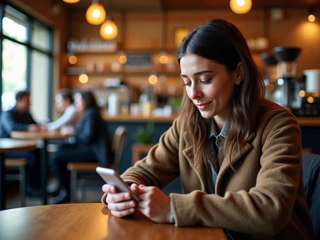 Woman using smartphone in a cozy cafe with blurred people in the background.