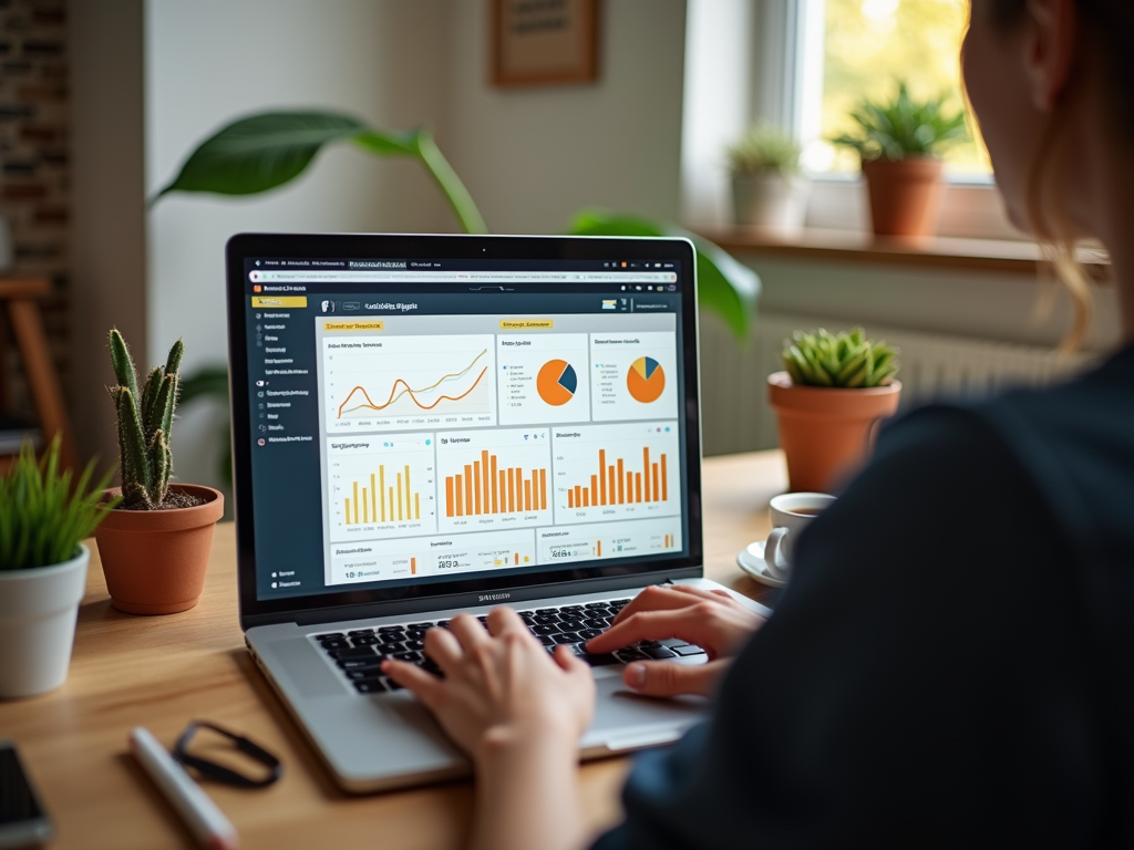 A person analyzing graphs and charts on a laptop, surrounded by plants and a cup of coffee.