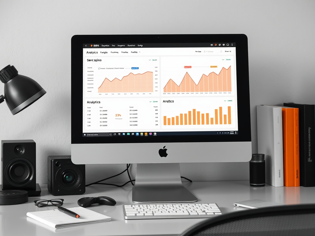 A desk featuring an Apple computer displaying analytics charts, with a lamp, speakers, glasses, and notebooks nearby.