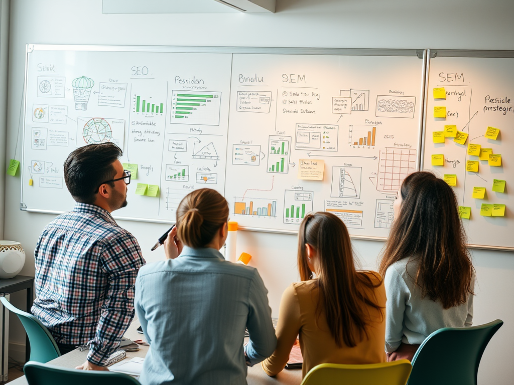 A team discusses marketing strategies, analyzing charts and notes on a whiteboard in a collaborative workspace.