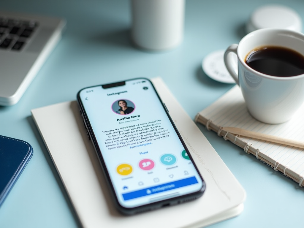 Smartphone displaying a social media profile on Instagram with a text message, next to a coffee cup and laptop.