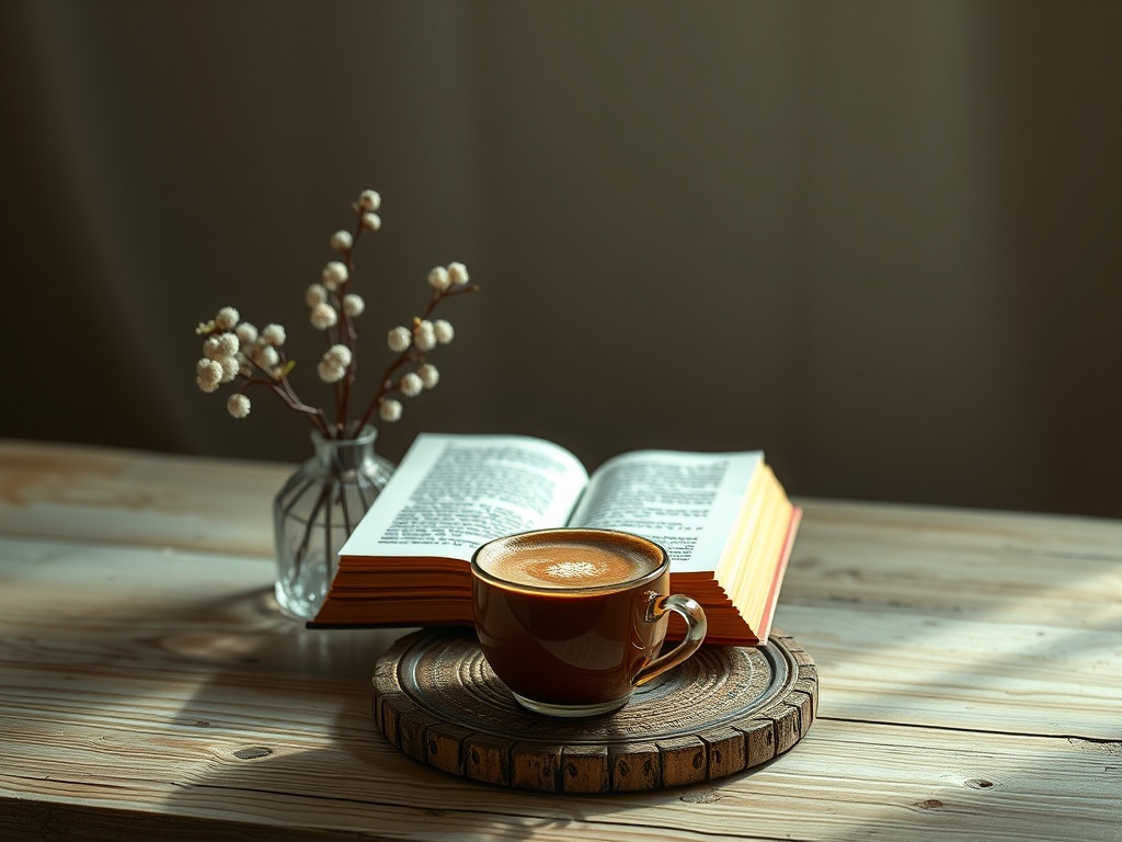 A warm cup of coffee on a wooden coaster next to an open book and a small vase of flowers on a wooden table.
