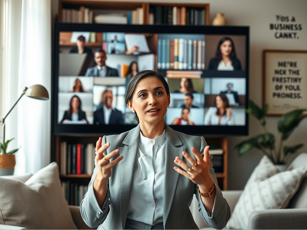 A woman in a gray suit speaks during a virtual meeting with multiple participants displayed on a screen behind her.