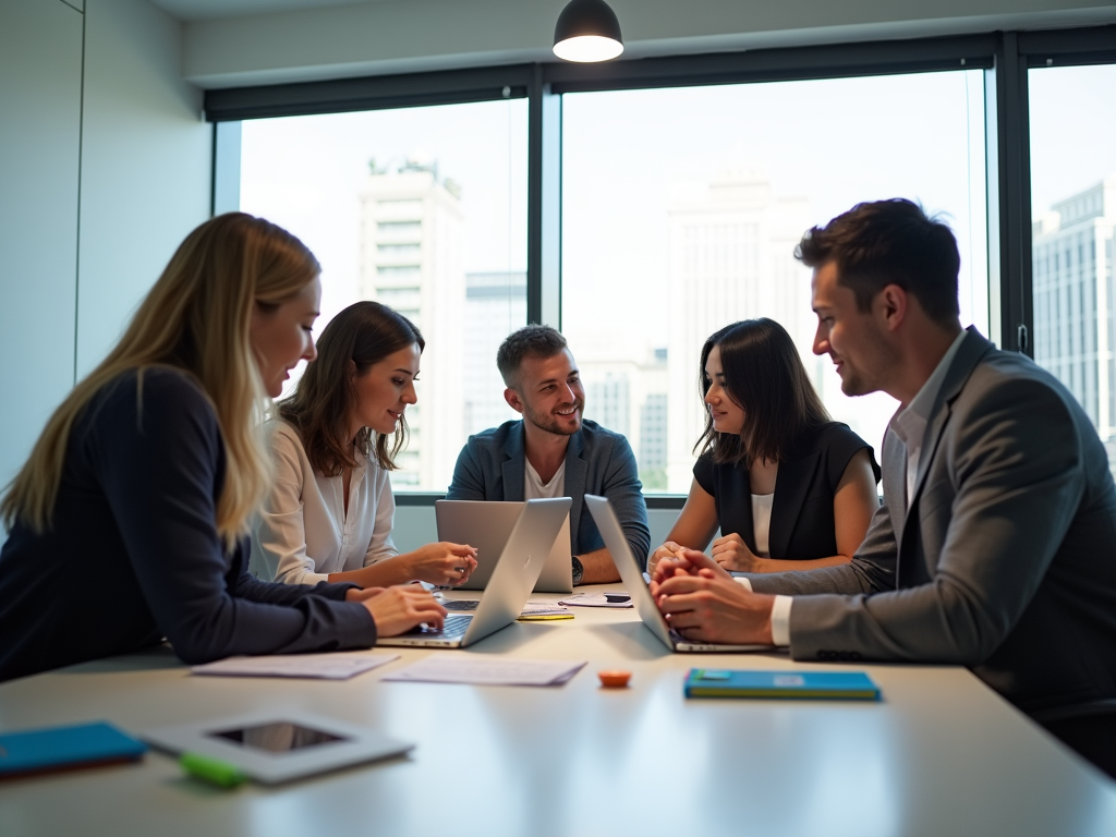 A group of five professionals collaborates around a table with laptops and papers in a modern office setting.