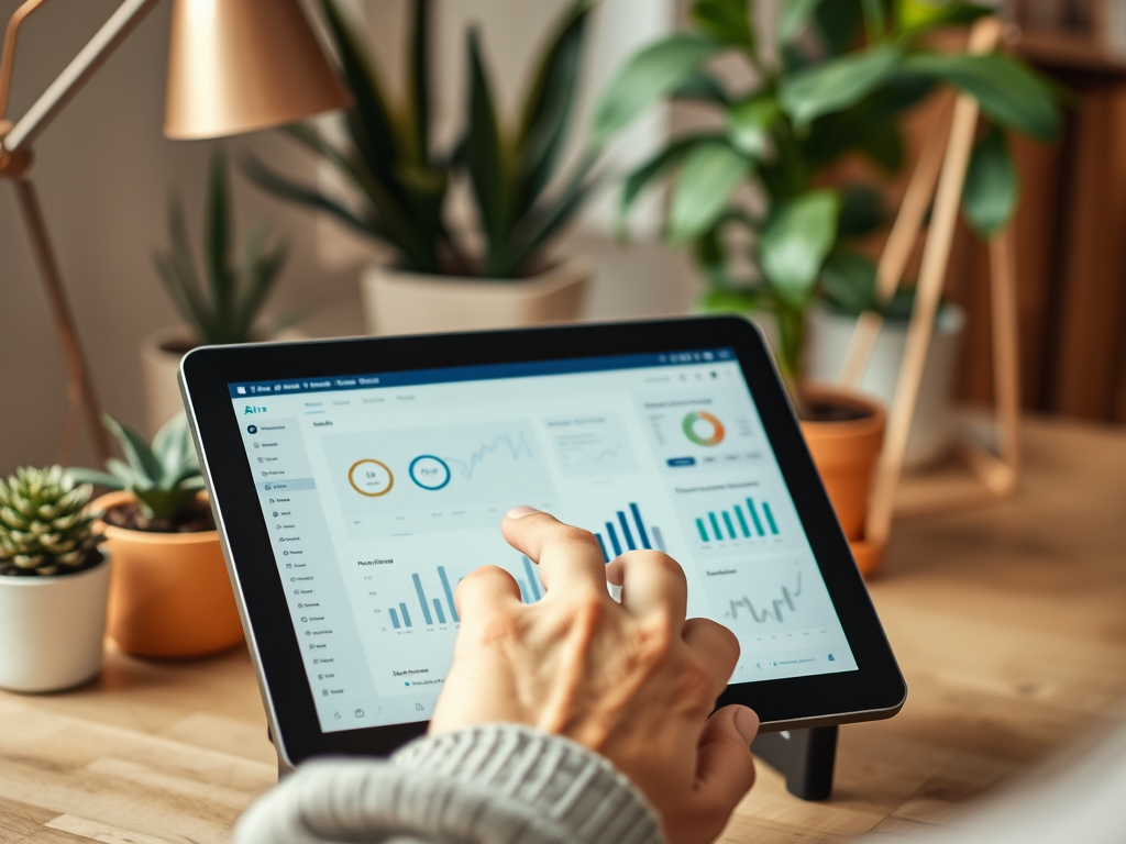 A person interacts with a tablet displaying graphs and data, surrounded by plants on a desk.